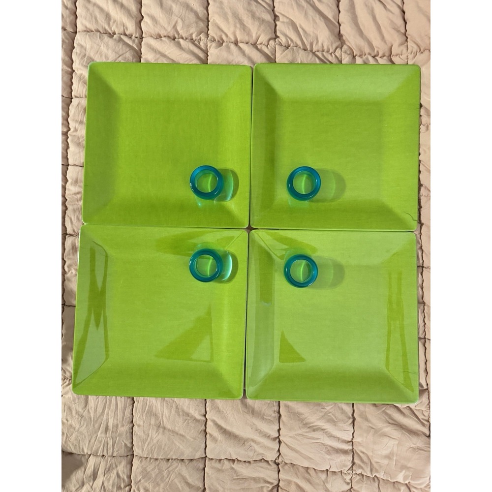 Two Sets Of 4 Square Melamine Plates With Matching Napkin Rings Lime & Turq
